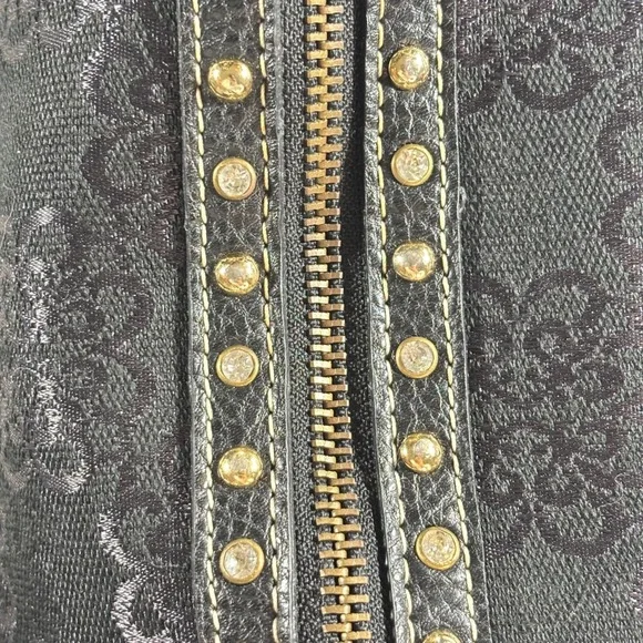 Kathy Van Zeeland Black Floral Jacquard Satchel Handbag Gold Heart Charm Studded - Picture 12 of 16